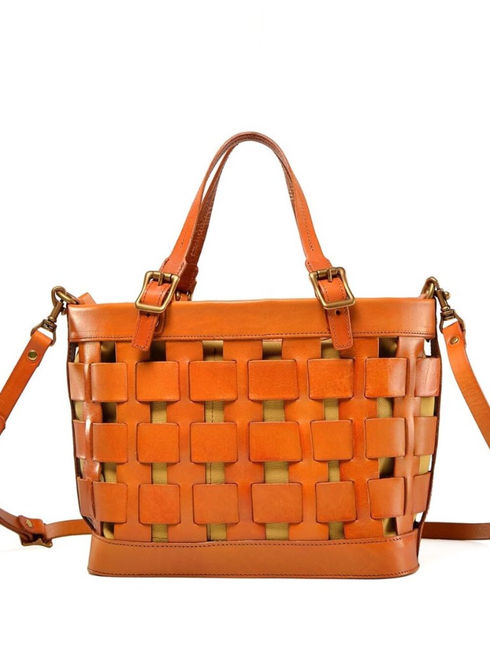 Woven Genuine Leather Satchel Handbag for Women